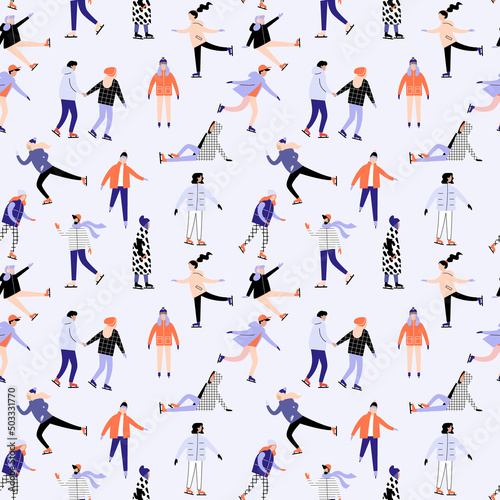 Seamless winter pattern with ice skaters