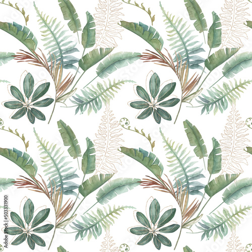 Watercolor exotic seamless pattern, golden elements, jungle leaves, botanical summer illustration on white background