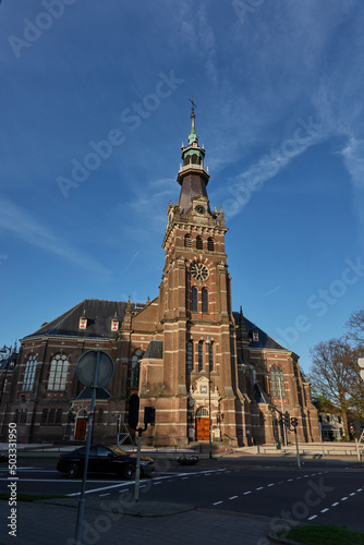 Apeldoorn, Netherlands - April 19, 2022 - The Grote Kerk at the town of Apeldoorn at the beginning of spring 