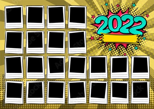 Comic Photo frame for class of 2022 in pop art style. A photo album for a graduating class or community. Vector Template for the design of frames for Kindergarten, photographs, posters, cards.