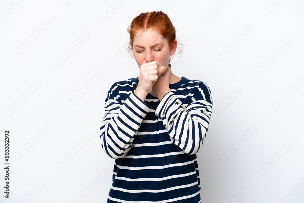 Young reddish woman isolated on white background coughing a lot Young reddish woman isolated on white background coughing a lot