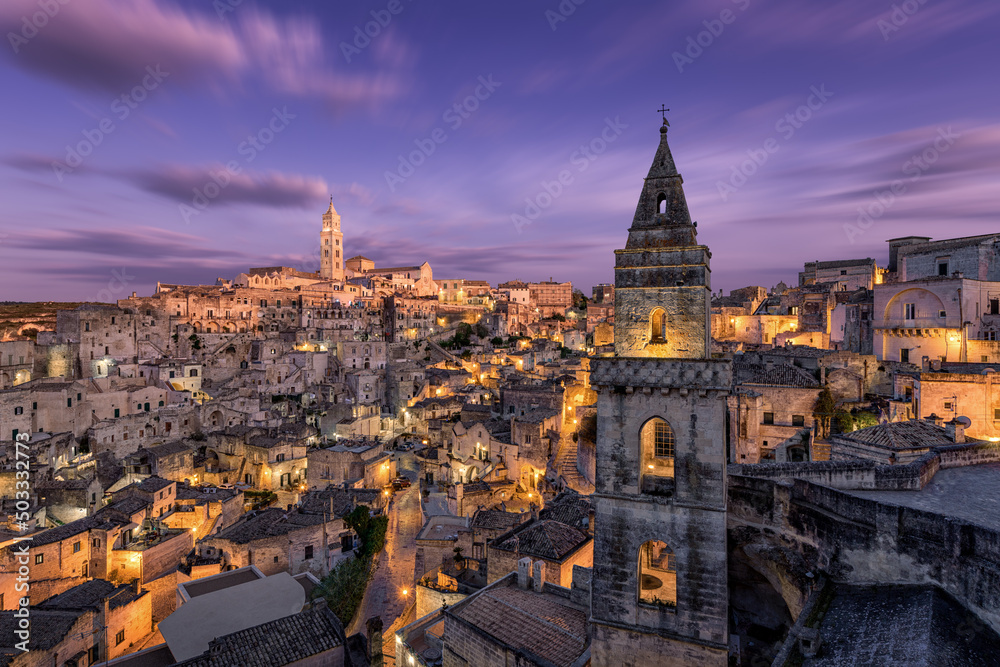 Matera, an ancient city in South Italy during sunset