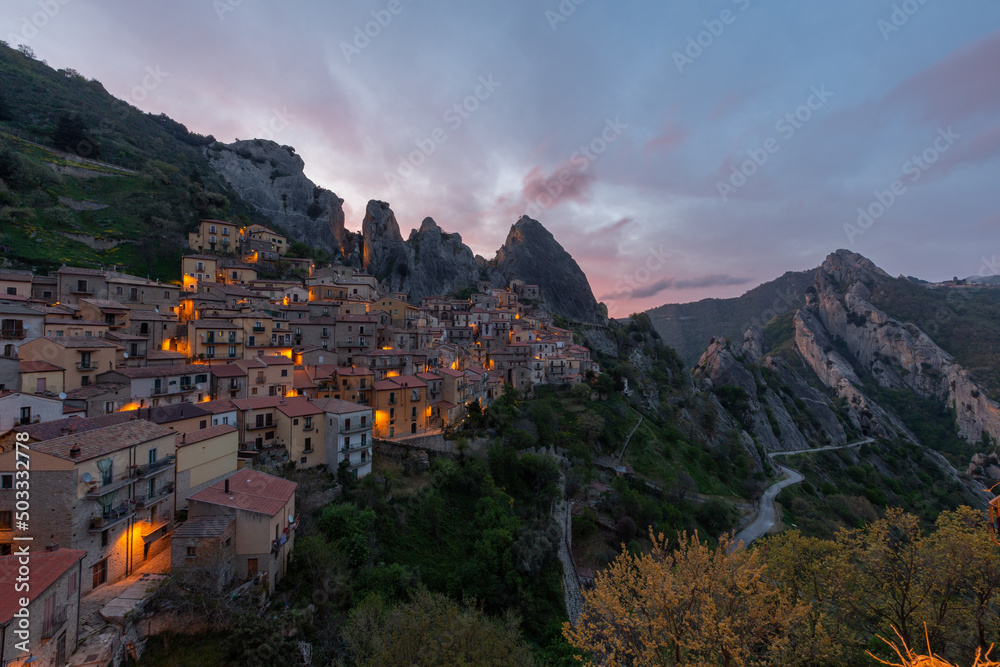 Castelmezzano, a little village and comune in the province of Potenza, in the Southern Italian region of Basilicata during the sunrise
