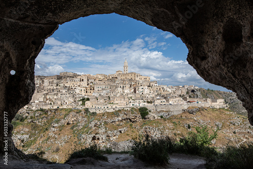 Matera, an ancient city in South Italy photographed through a cave near by