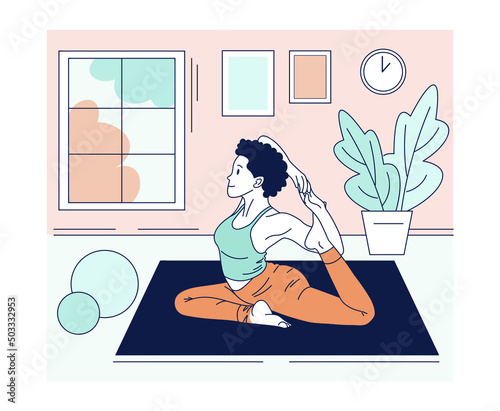 Black curly woman doing yoga classes at home. Good asana for spine and stretch. Flat, cartoon style.