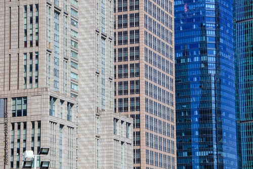 Row of several tall buildings in Pudong business district  Shanghai. 