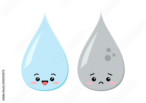 Cute water drop clean and dirty kawaii character. Raindrop shape mascot with face. Aqua funny sad emoji danger liquid icon collection. Vector cartoon water pollution and spread of disease illustration