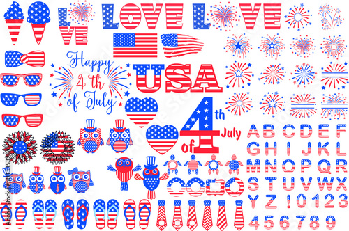 American Patriotic 4th of July Bundle. USA celebration  national symbols set for independence day isolated on white background. USA Independence Day Clipart