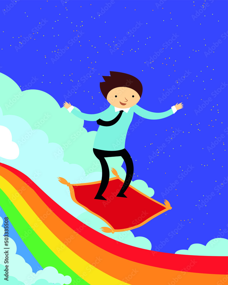 believe in miracles, boy on a flying carpet, rainbow