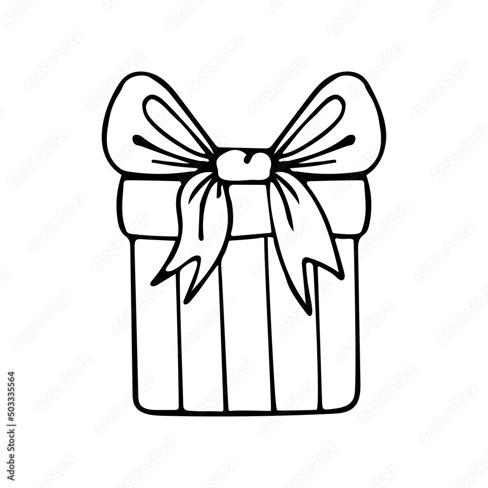 Box gift line art. Present in wrapping paper with a bow tied with a ribbon. Party gifts. Merry holiday. Hand drawn vector doodle illustration. Outline drawing. Box gift line art. Present in wrapping paper with a bow tied with a ribbon. Party gifts. Merry holiday. Hand drawn vector doodle illustration. Outline drawing.