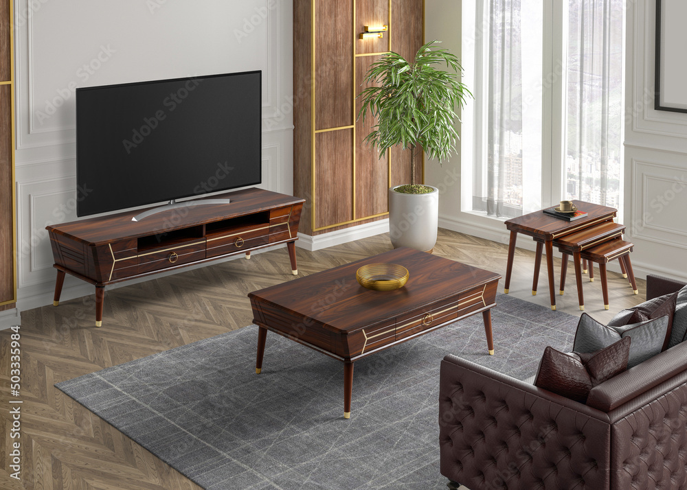 3D render tv room , sofa , coffee table and tv table set in modern decoration 
