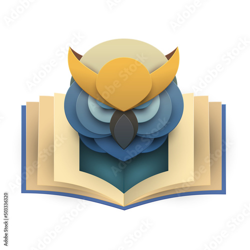 Silhouette owl head with open book in paper cut style. Creative design composition. Mystical concept isolated on white background. Vector illustration.