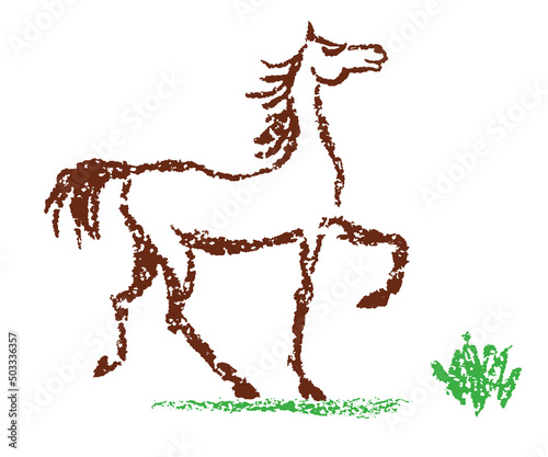 Comic funny trotting proud horse. Hand drawn crayon or pencil cartoon doodle happy character. Artistic stroke kid style. Smiling friendly pet with grass flower. Vector simple equestrian art © larisa_zorina