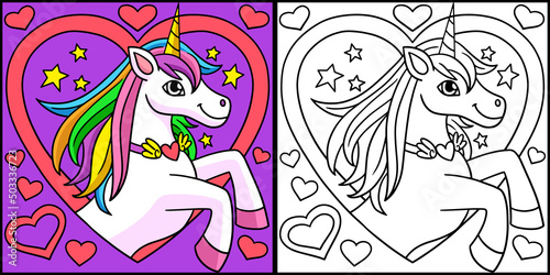 Unicorn With Heart Coloring Page Illustration