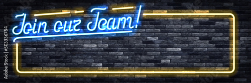 Vector realistic isolated neon sign of Join Our Team frame on the wall background.