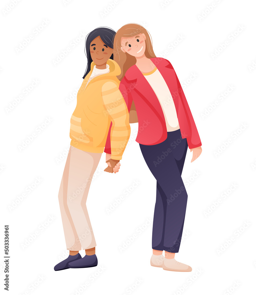 Vector illustration, two female friends or lesbian couple of girls are standing.