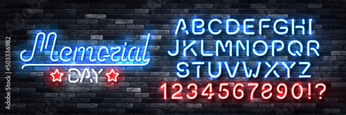 Vector realistic isolated neon sign of Memorial Day with easy to change color alphabet font logo on the wall background.