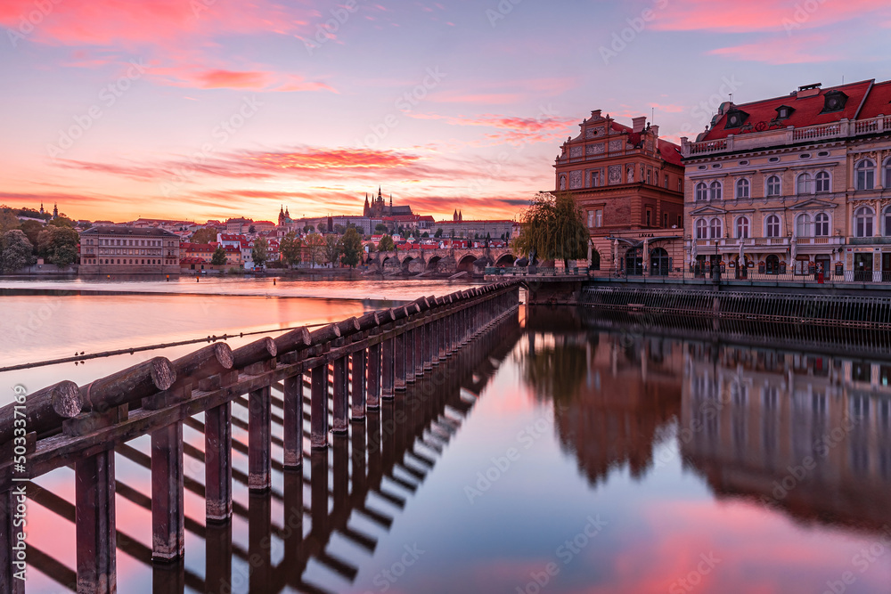 city prague river bridge europe night castle architecture sunset church water town travel tower prague reflection building czech old panorama winter skyline cathedral sky Charles, dawn, autumn