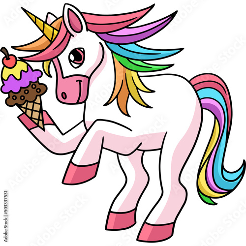Unicorn Holding Ice Cream Cartoon Colored Clipart