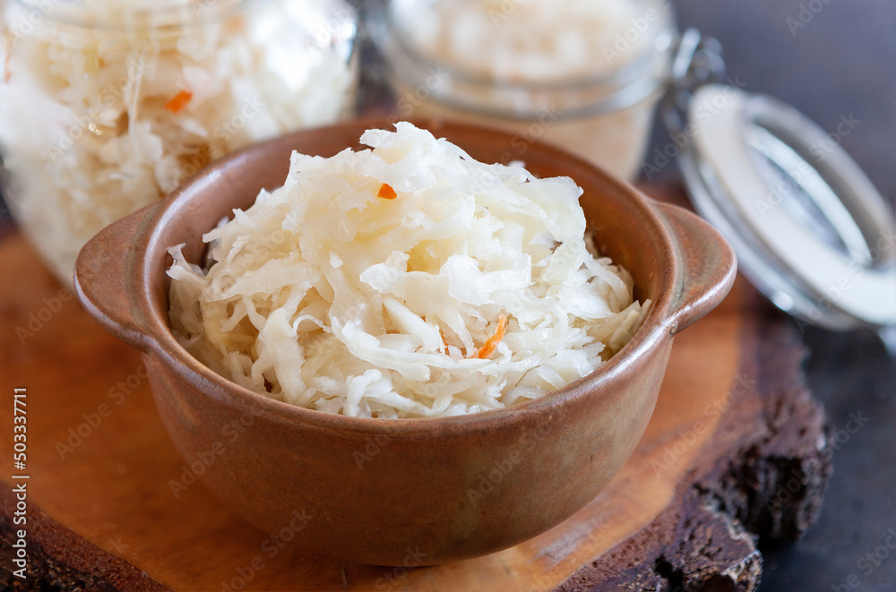 Fermented cabbage. Postbiotic functional food for your healthy gut diet Fermented cabbage. Postbiotic functional food for your healthy gut diet