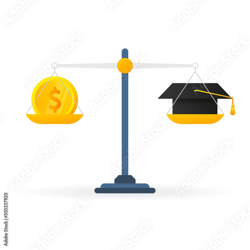 Education vs money on scales icon. Money and time balance on scale