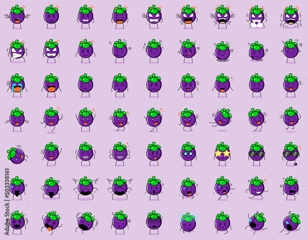 collection of cute mangosteen cartoon character expression. angry expression, thinking, crying, sad, confused, flat, happy, scared, shocked, dizzy, hopeless, sleeping. suitable for emoticon and mascot