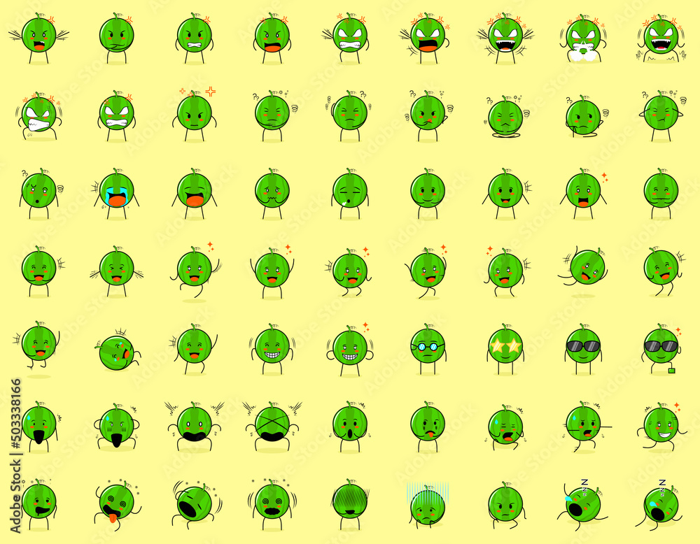 collection of cute watermelon cartoon character expression. angry expression, thinking, crying, sad, confused, flat, happy, scared, shocked, dizzy, hopeless, sleeping. suitable for emoticon and mascot