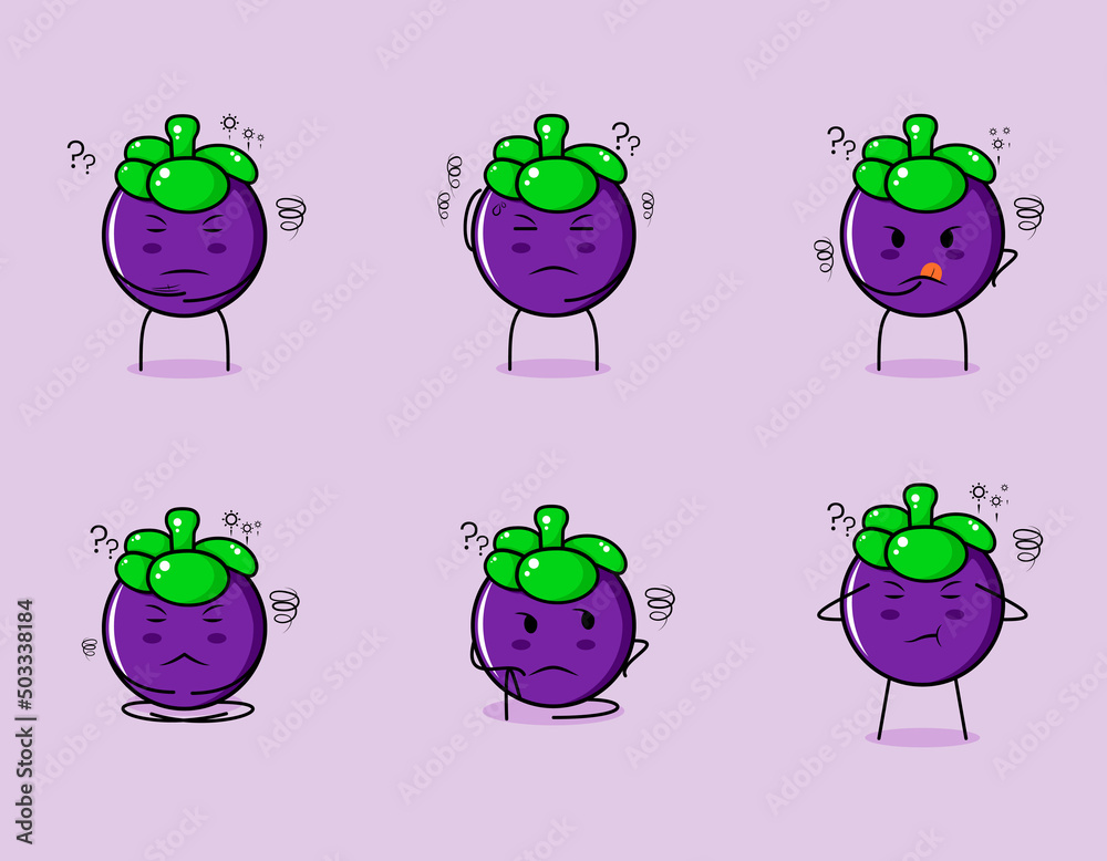 Obraz premium collection of cute mangosteen cartoon character with thinking expressions. suitable for emoticon, logo, symbol and mascot