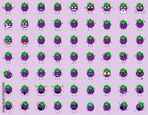 collection of cute mangosteen cartoon character expression. angry expression, thinking, crying, sad, confused, flat, happy, scared, shocked, dizzy, hopeless, sleeping. suitable for emoticon and mascot