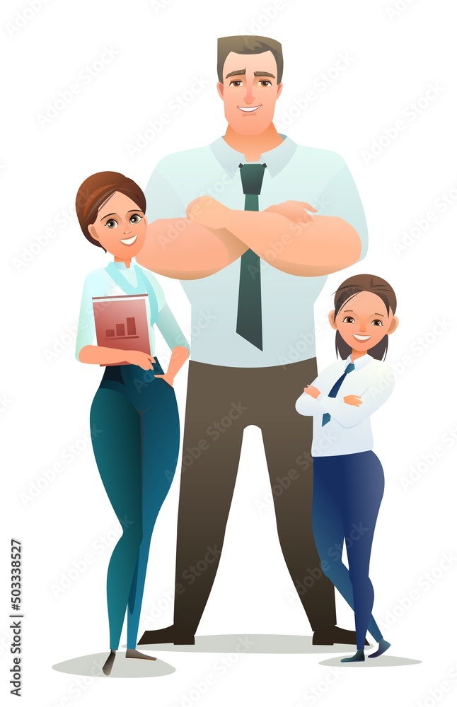 Family of Successful businessman. Cheerful persons in standing pose. Man women and child daughter business shirt tie. Cartoon comic style design. Separate character. Illustration isolated Vector