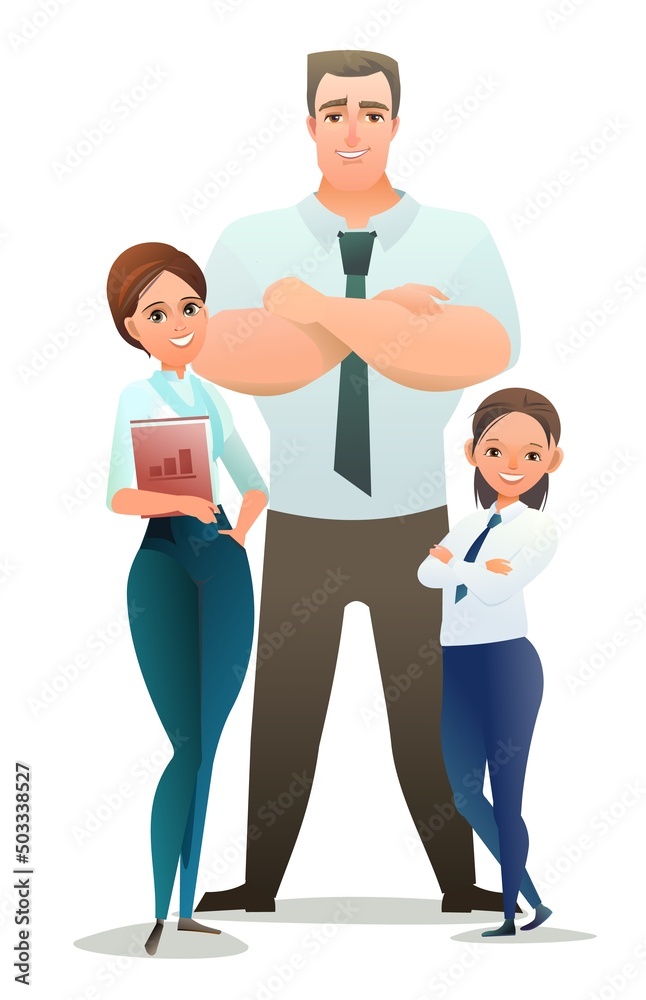 Family of Successful businessman. Cheerful persons in standing pose. Man women and child daughter business shirt tie. Cartoon comic style design. Separate character. Illustration isolated Vector Family of Successful businessman. Cheerful persons in standing pose. Man women and child daughter business shirt tie. Cartoon comic style design. Separate character. Illustration isolated Vector