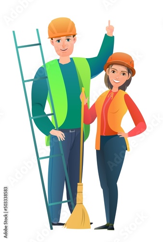 Man and woman builder in vest and protective helmet. Guy worker. Cheerful person. Standing pose. Cartoon comic style flat design. Single character. Illustration isolated white background. Vector