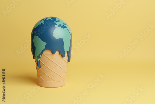 Fototapeta Naklejka Na Ścianę i Meble -  Ice cream melting in the shape of planet earth with copy space. Global warming concept. 3d illustration.