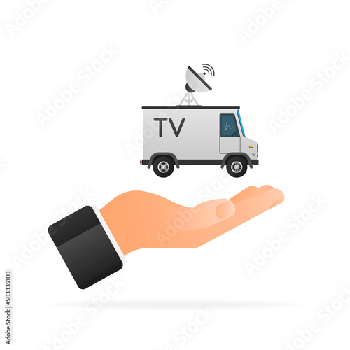 Cartoon illustration with tv truck for report design. Cartoon vector illustration. Internet network