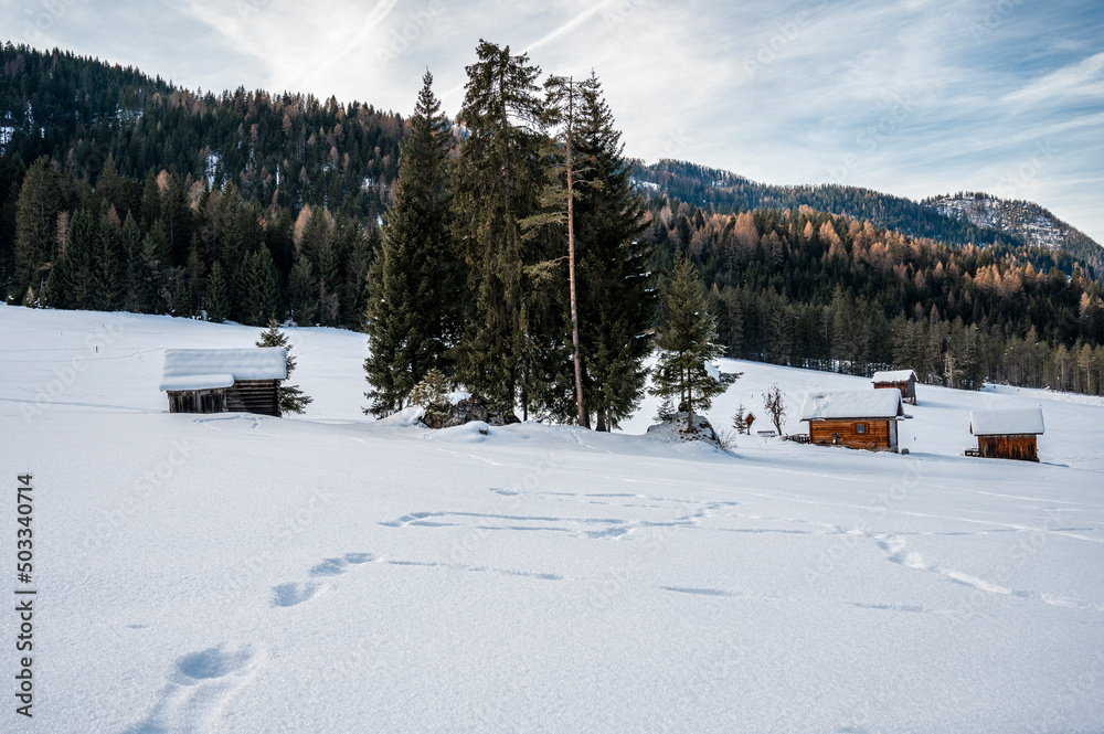 Winter in the San Vigilio di Marebbe valley of the Dolomites