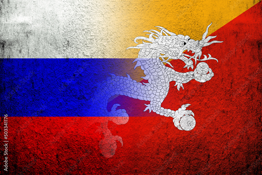 National flag of Russian Federation with Kingdom of Bhutan National flag. Grunge background