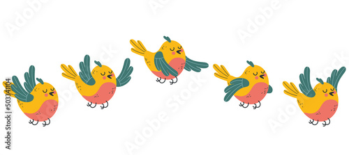 Little bird character flying steps action movement concept. Vector flat cartoon graphic design illustration