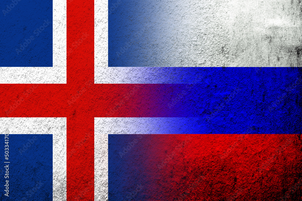 National flag of Russian Federation with National flag of Iceland. Grunge background