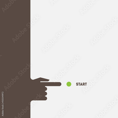 Preparing to launch a startup. A hand with an outstretched index finger wants to press a start button. The index finger points to a button "start".