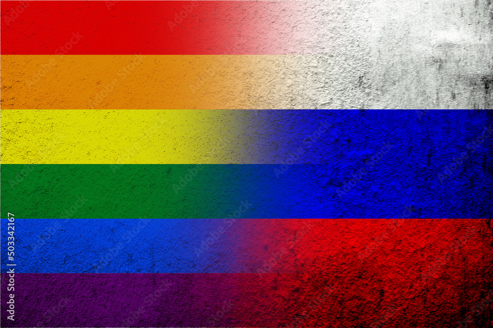 National flag of Russian Federation with Rainbow LGBT pride flag. Grunge background National flag of Russian Federation with Rainbow LGBT pride flag. Grunge background