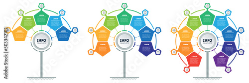 Development and growth of the nano technology in the world. Business presentation with three steps or processes. Infographic or timeline. Set of Vertical infographics with 5, 7 and 9 parts.