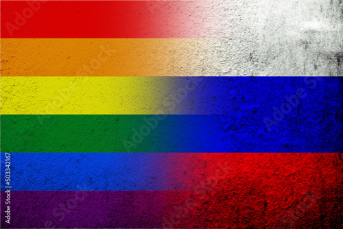 National flag of Russian Federation with Rainbow LGBT pride flag. Grunge background