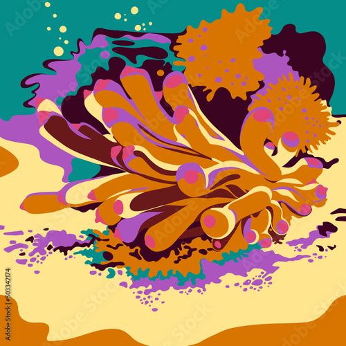 Underwater sea life illustration in extreme color palette