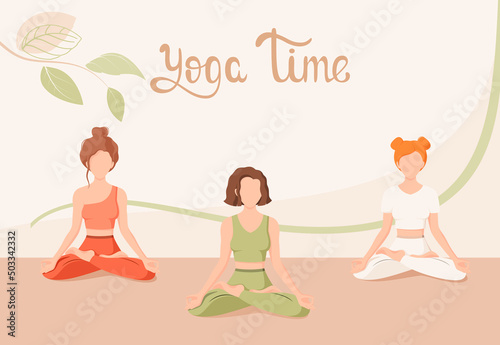 Women in the lotus position. Yoga time. Cartoon design,
