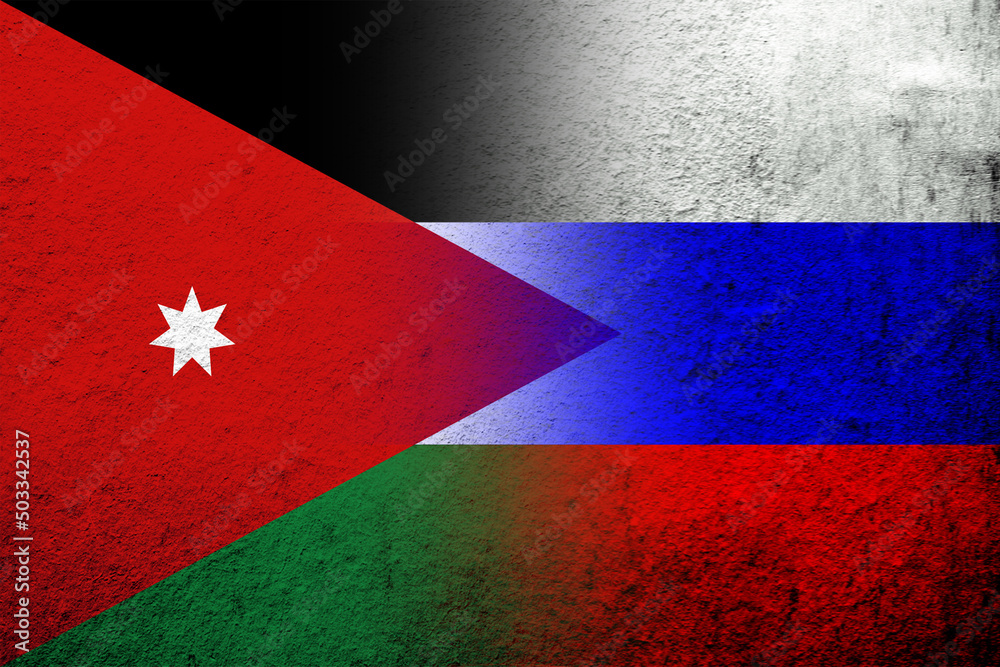 National flag of Russian Federation with The Hashemite Kingdom of Jordan National flag. Grunge background