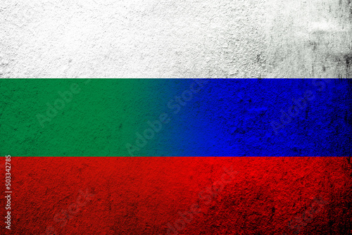 National flag of Russian Federation with The Republic of Bulgaria National flag. Grunge background