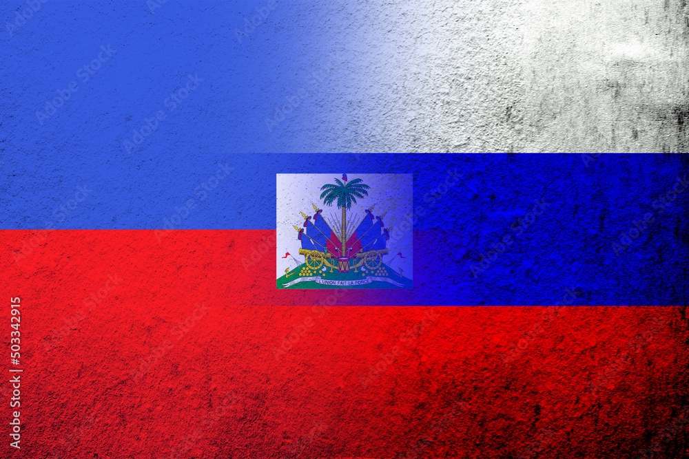 National flag of Russian Federation with the Republic of Haiti National flag. Grunge background