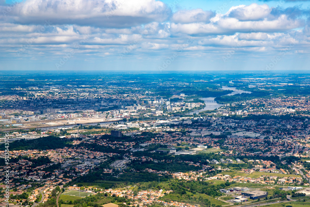 Nantes aerial view from plane in loire river valley