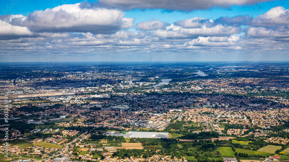 Nantes aerial view from plane in loire river valley