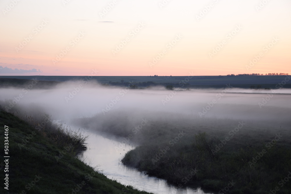 River flowing through green meadows with tall grass, foggy early morning. Ulyanovsk region, Russia